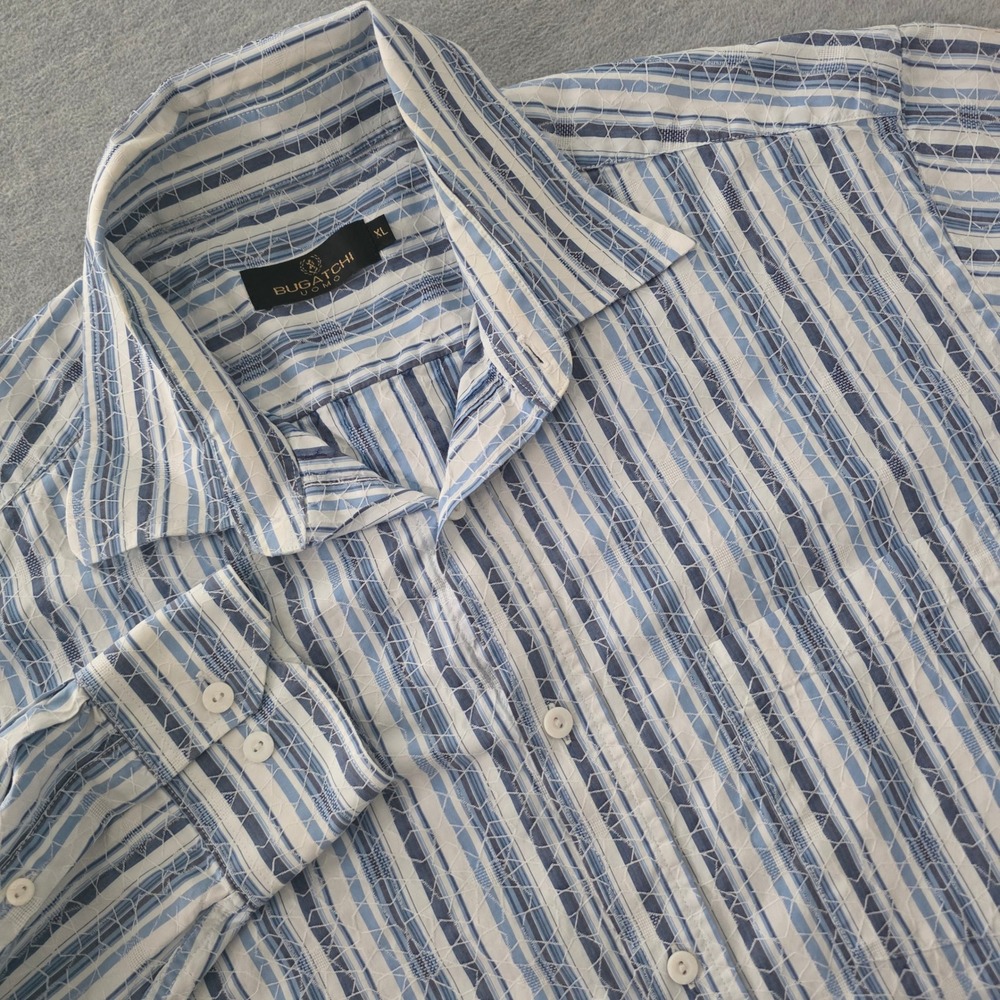 Bugatchi Uomo Mens XL Blue White Striped Embroidered Button Down Shirt Cotton